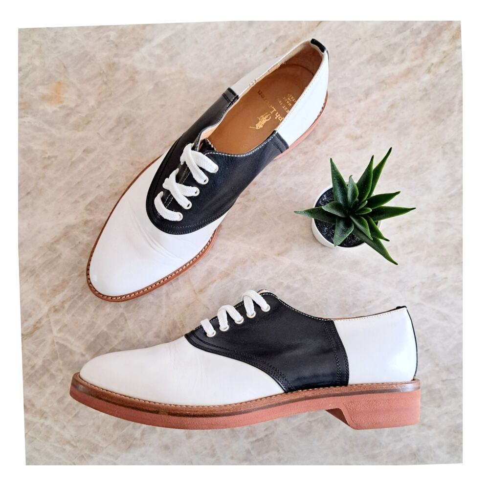 RALPH LAUREN Vintage 90s Black White Leather Saddle Shoes Oxford Italy 8.5 AA